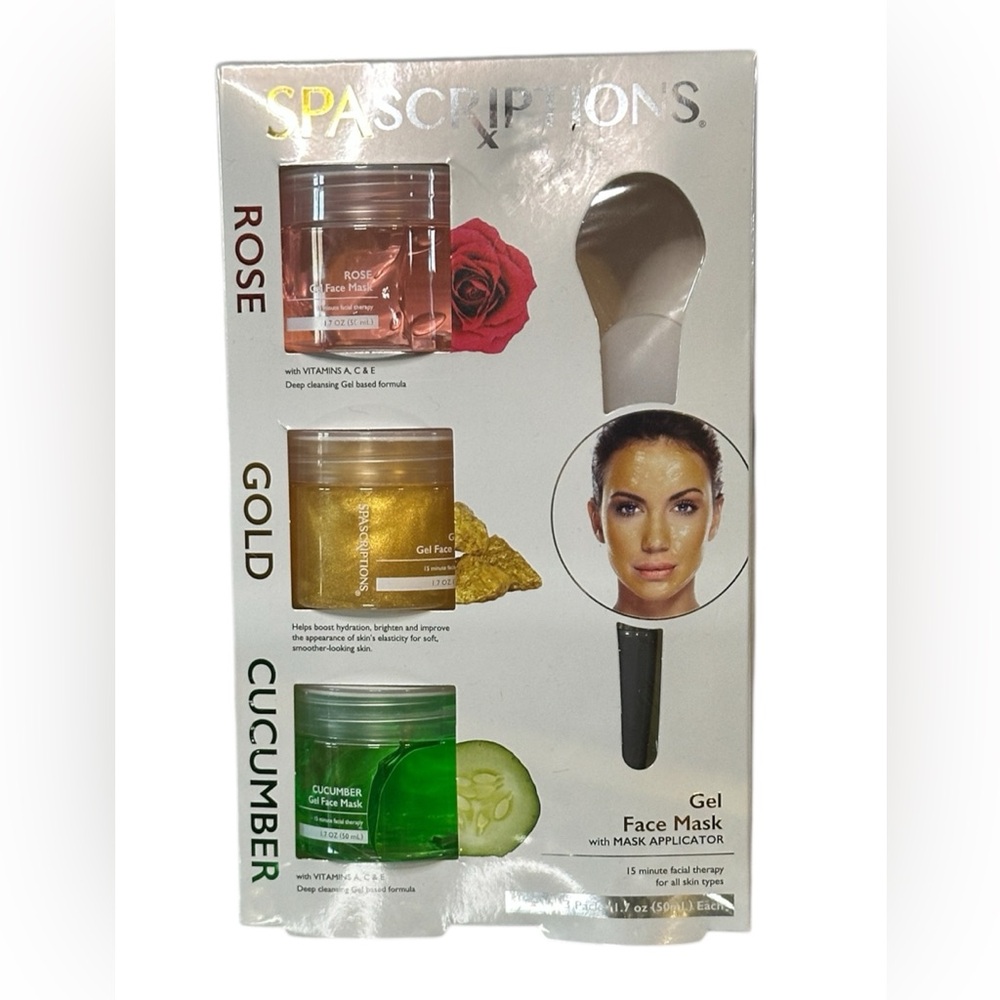 NIB SpaScriptions Rose, Gold, and Cucumber Gel Face Mask set.